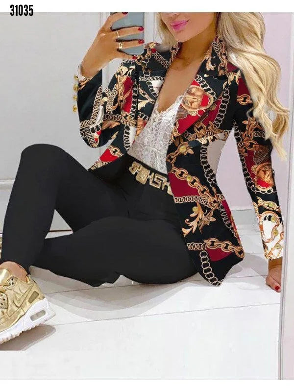 Casual Stripe Print Suit Coat Pants Set Office Lady Fashion Elegant Long Sleeve Top Trousers Two Piece Set Women Outfit 2023