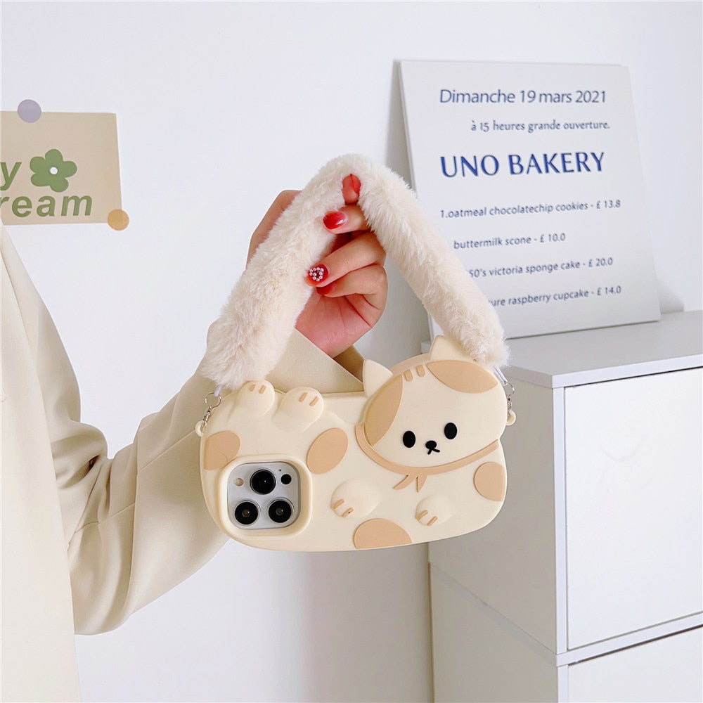 Funda para iPhone de gato con correa de peluche