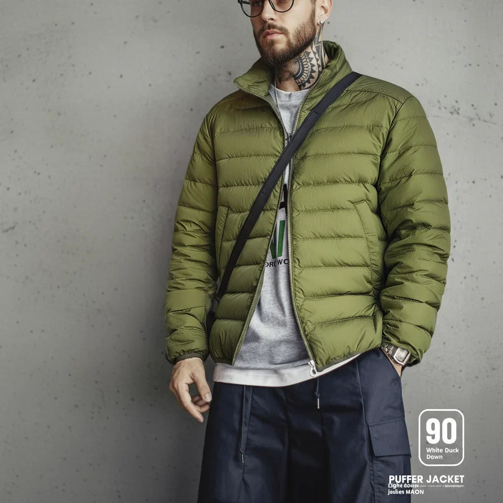Maden Winter Men's Stand-up Collar Down Jacket Lightweight Hydrophobic White Duck Down Filling Coat Warm Inner Layer for Fall