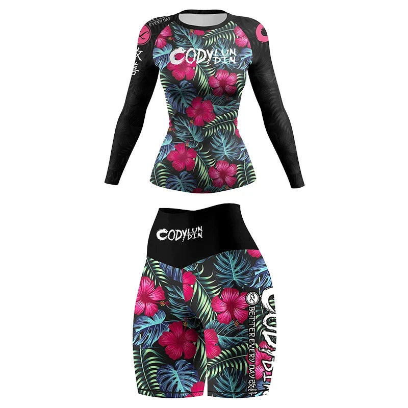 Flower Print Women Rash Guard Gym Clothes MMA Compression Yoga Wear Jiu Jitsu Rashguard T-shirt+Pants Boxing Grappling 4pcs/Sets
