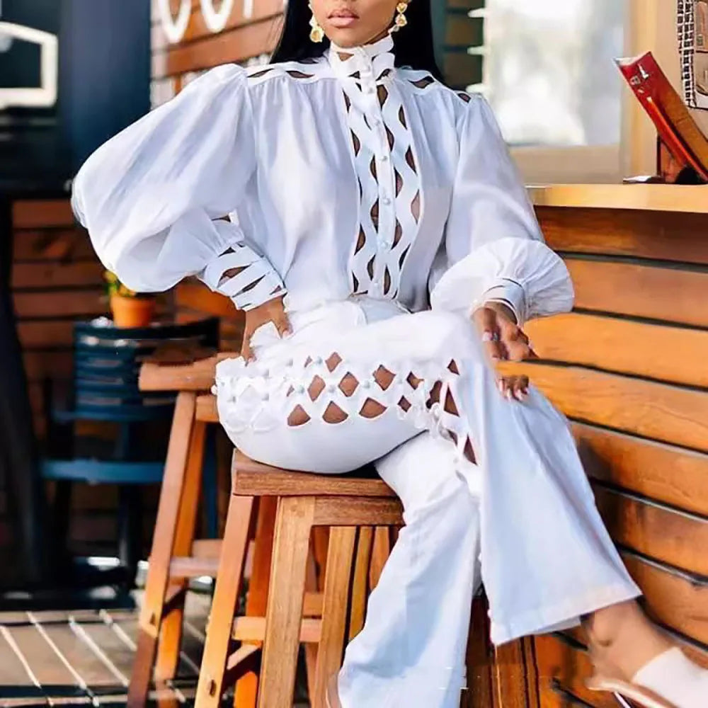 Plus Size Women's Elegant Two-Piece Set Ruffle Shirt White Long Sleeve Solid Blouse And Straight Side Hollow Out Long Pant Sets