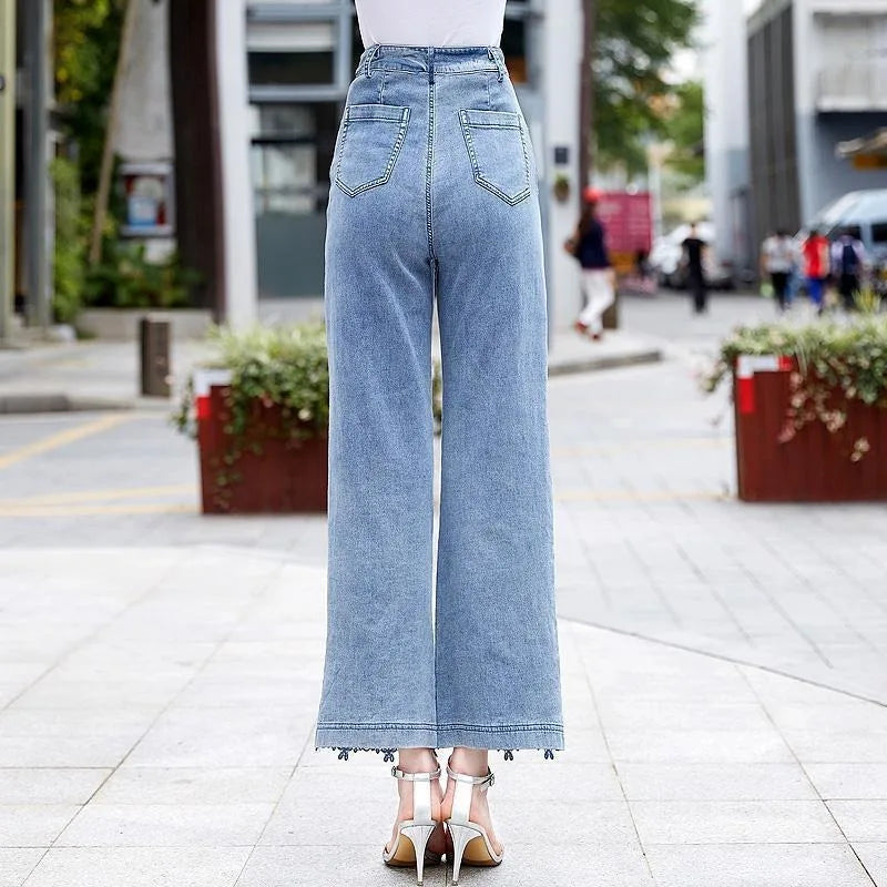 Women'sHigh Waist Lace Panel DenimWide Leg Pants with Floral Cutout Design,Summer Breathable Straight LegTrousers for Daily Wear
