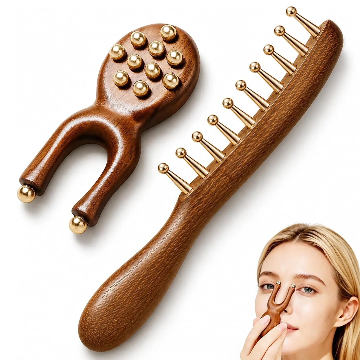 Sandalwood Copper Bead 10 Tooth Scalp Massage Comb and Acupressure Face Massager for Jaw Tension Relief Facial & Neck Relaxation