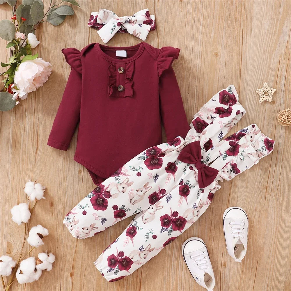 0-18months Baby Girl Clothes Set Red Color Long Sleevs Bodysuit