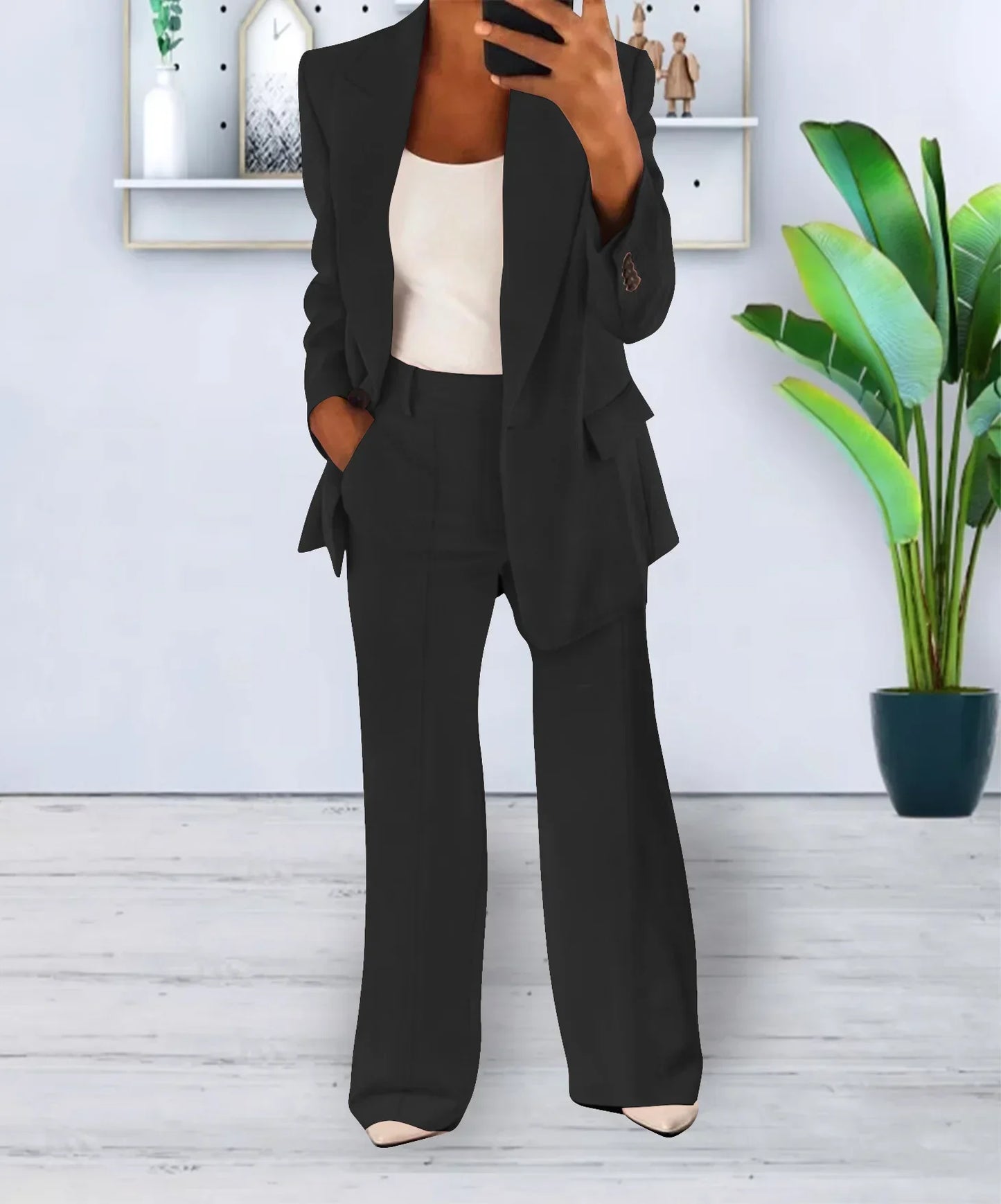 Women Suits 2 Pieces Set Fashion Lapels Single-button Coat Straight Leg Slim Pants Elegant Commuter Casuals Outfit Available 5XL