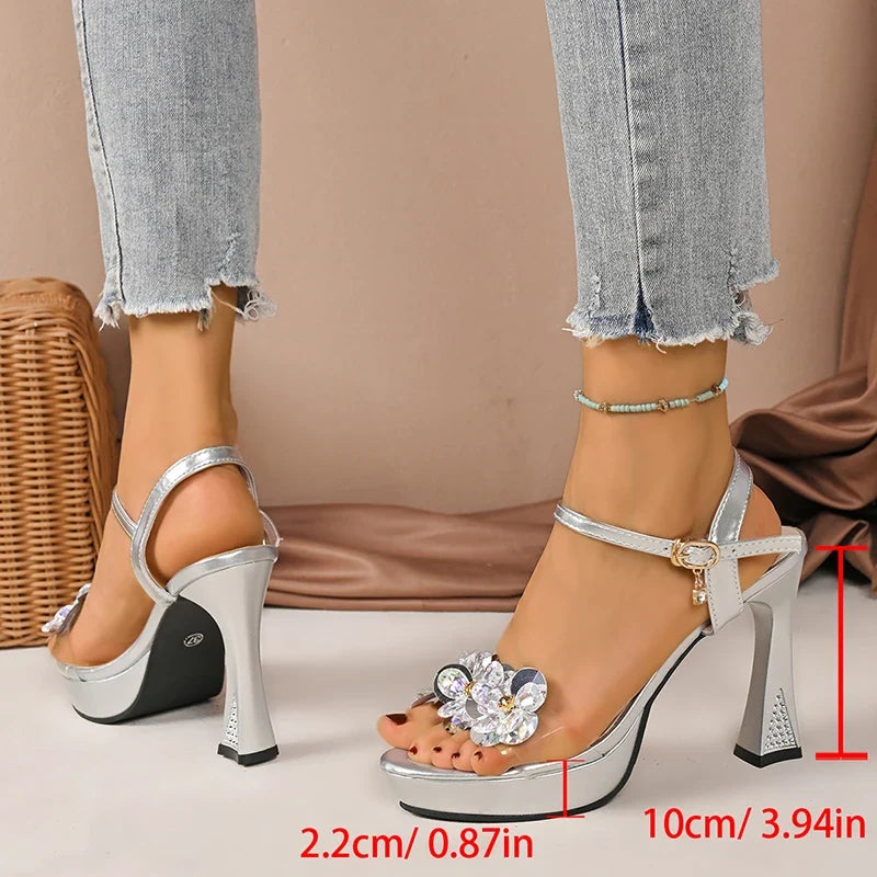Luxury Rhinestone Decor High Heels Sandals Women Fashion Ankle Buckle Platform Gold Sandals Woman Party Wedding Shoes Size 41