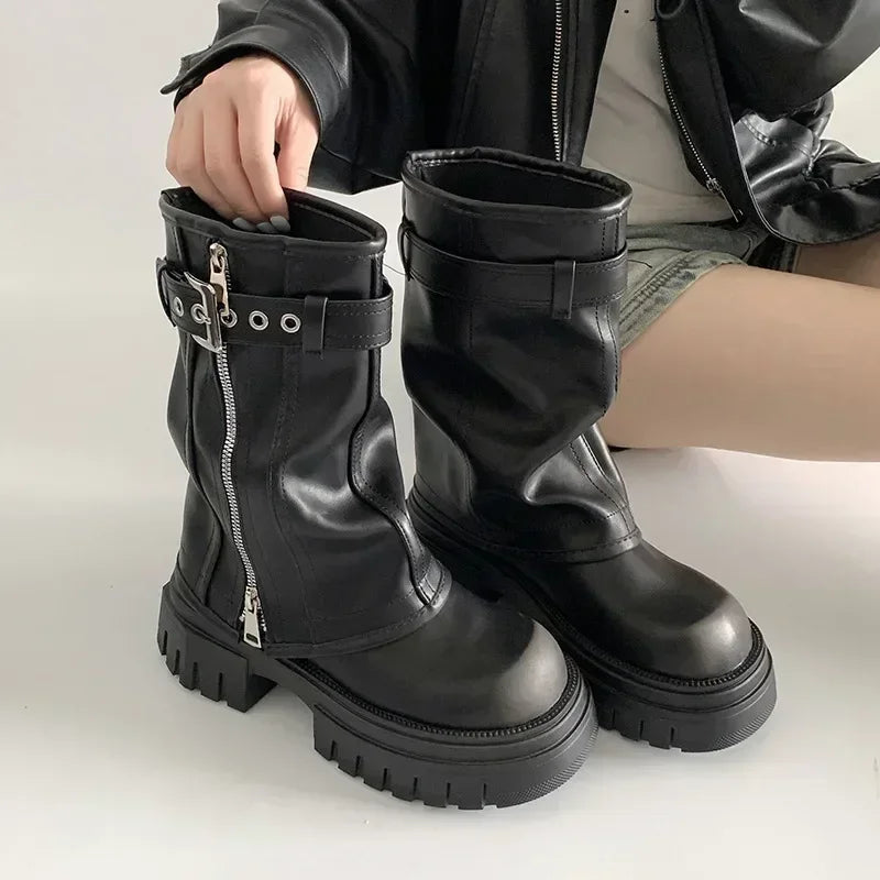 2025 Winter Women Biker Boots Fashion Belt Buckle Ladies Elegant Platform Long Pipe Booties Casual Women's Knee High Booties