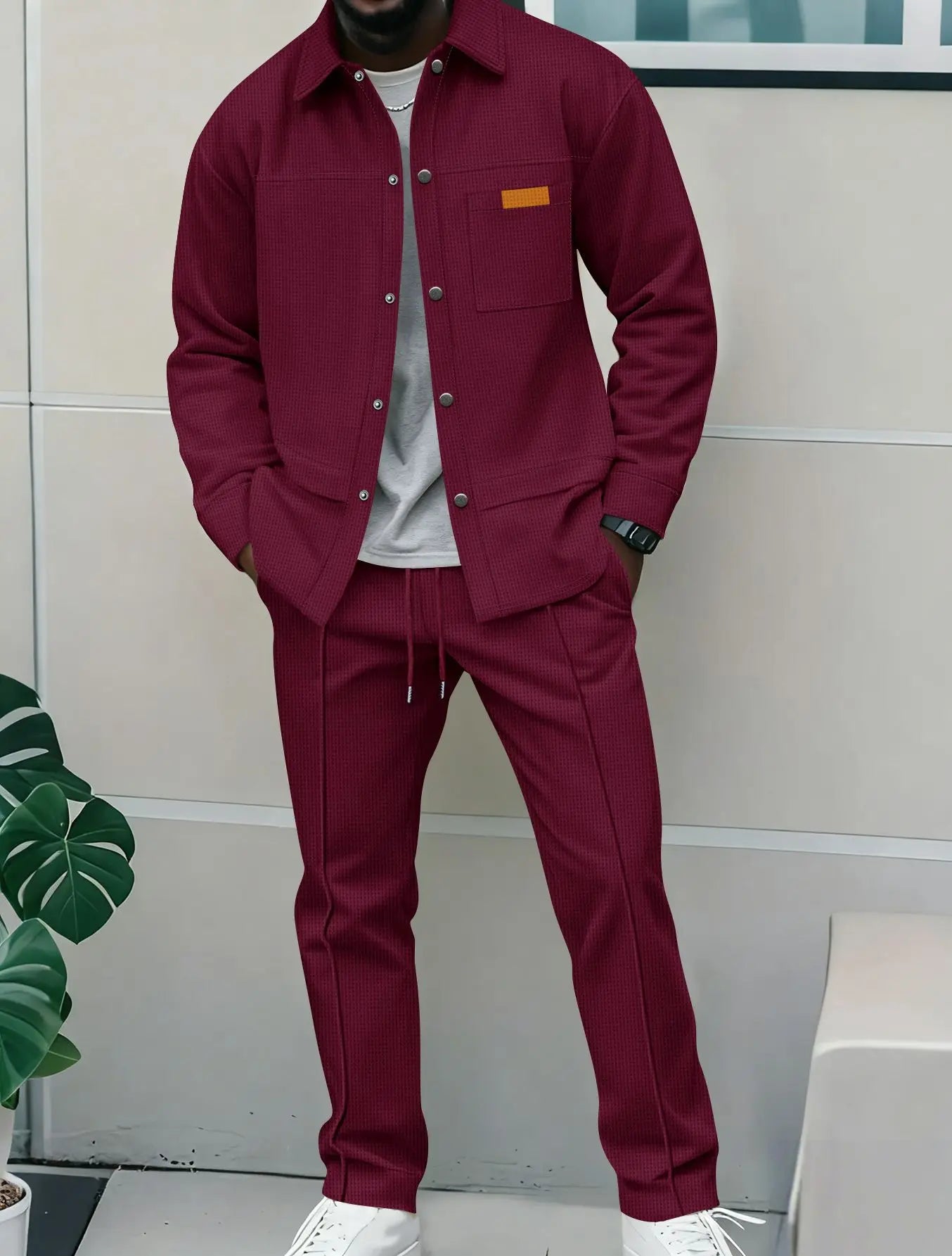 Spring and Autumn Men's High-Quality Waffle Pure Color Placket Pocket Jacket Set - A Stylish and Casual Two-Piece Outfit