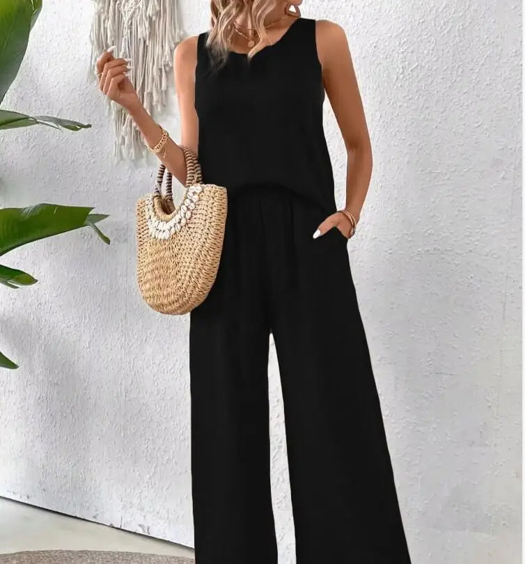 Spring Summer Fashion Solid Two Piece Sets 2024 Women Casual Loose Hollow Lace Sleeveless Top Wide Leg Pants Two Piece Set Woman