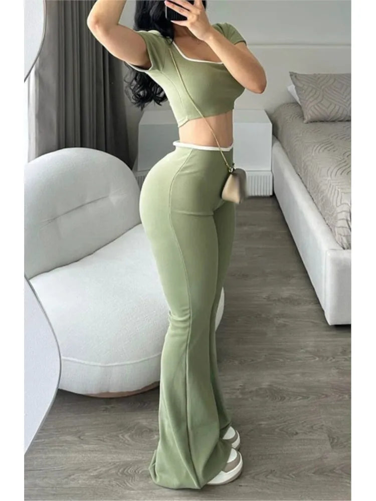 Women's Sexy Slim Set Fashion Short Sleeve Square Collar T Shirt Tops+High Waist Long Pants 2 Piece Sets For Female Streetwear
