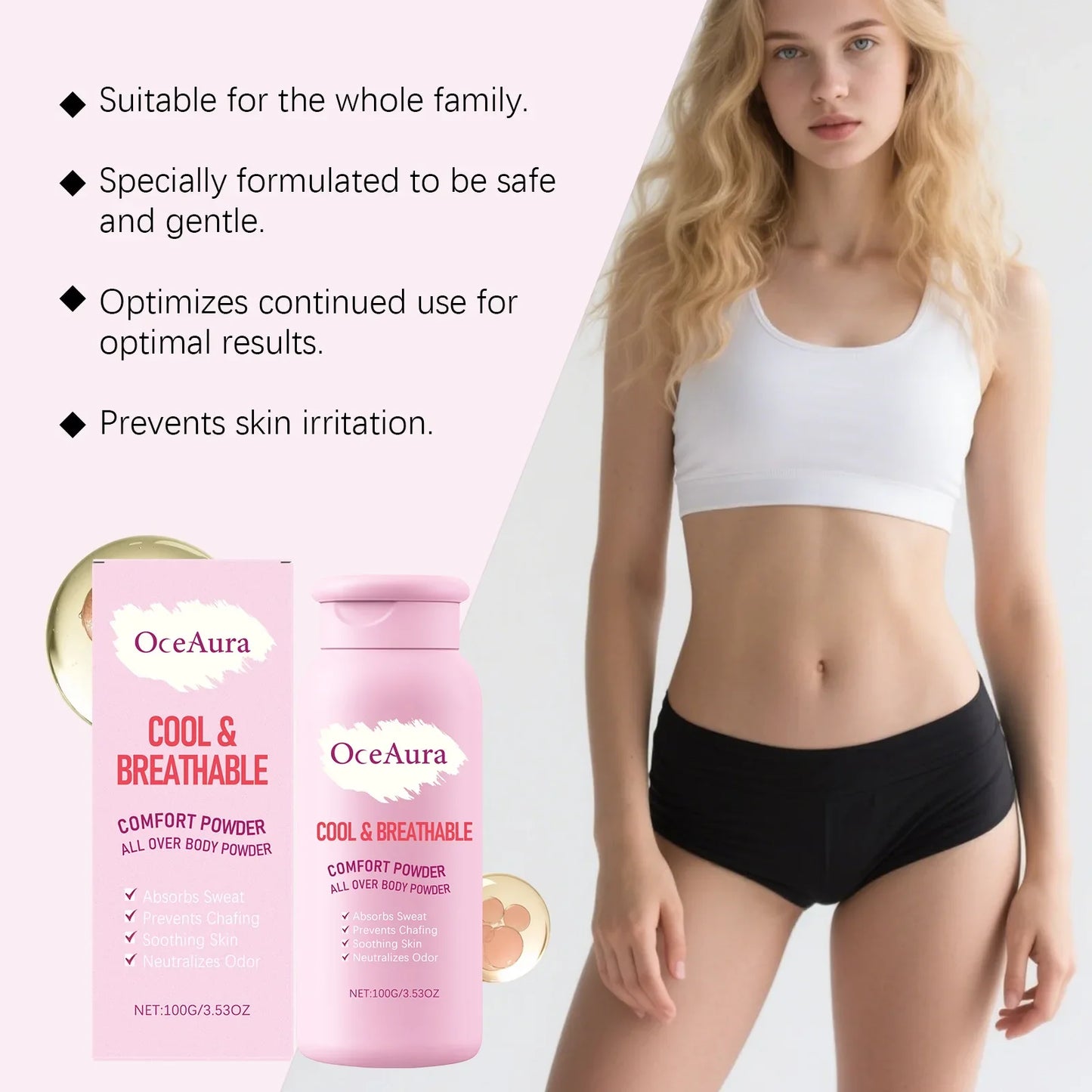 OceAura Body Powder Anti Sweat Armpit Groin Smooth Skin Soothing Comfortable Refreshing Odor Eliminator Anti Chafing Powder 100g