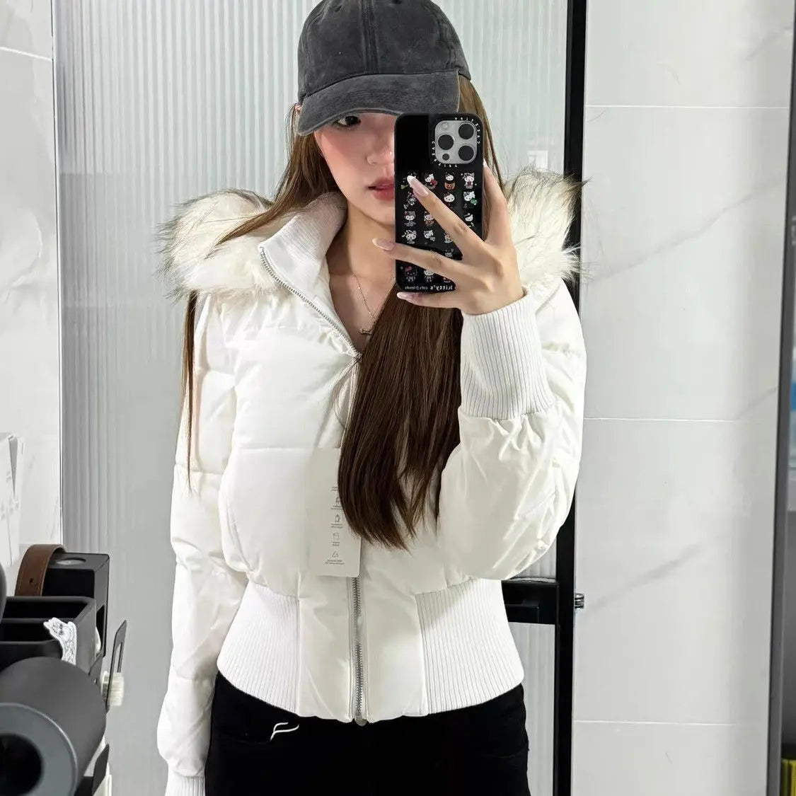 Autumn Winter Fur Collar Hooded Cropped Puffer Jacket Women's Warm Cotton Padded Jacket Short Top Windproof Coat Y2K High Waist