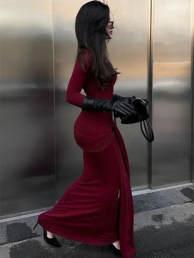 Vestido largo plisado sexy de mujer Tossy, retazos, retorcido, ajustado, manga larga, color sólido, estilo Y2k, para otoño, ropa de calle, vestido ajustado para mujer