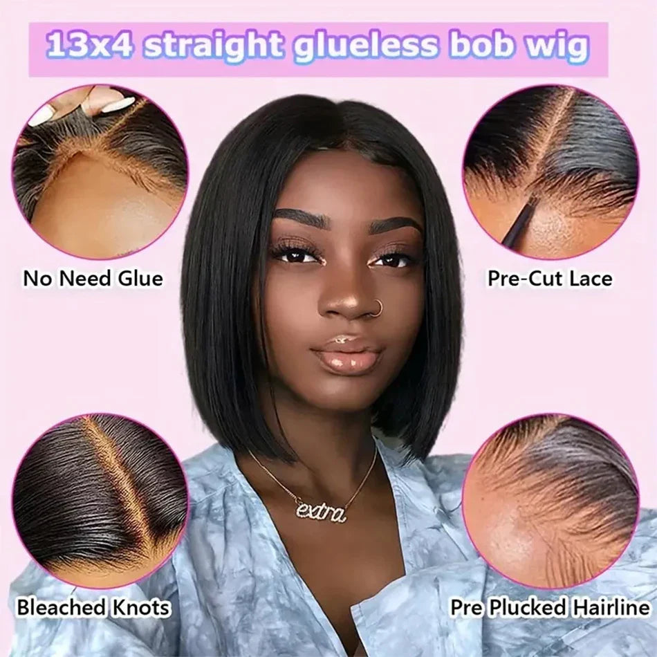 Pelucas sin pegamento de cabello humano listas para usar, pelucas lisas de corte bob corto para mujer, peluca frontal de encaje 100% de cabello humano, pelucas con encaje precortado.