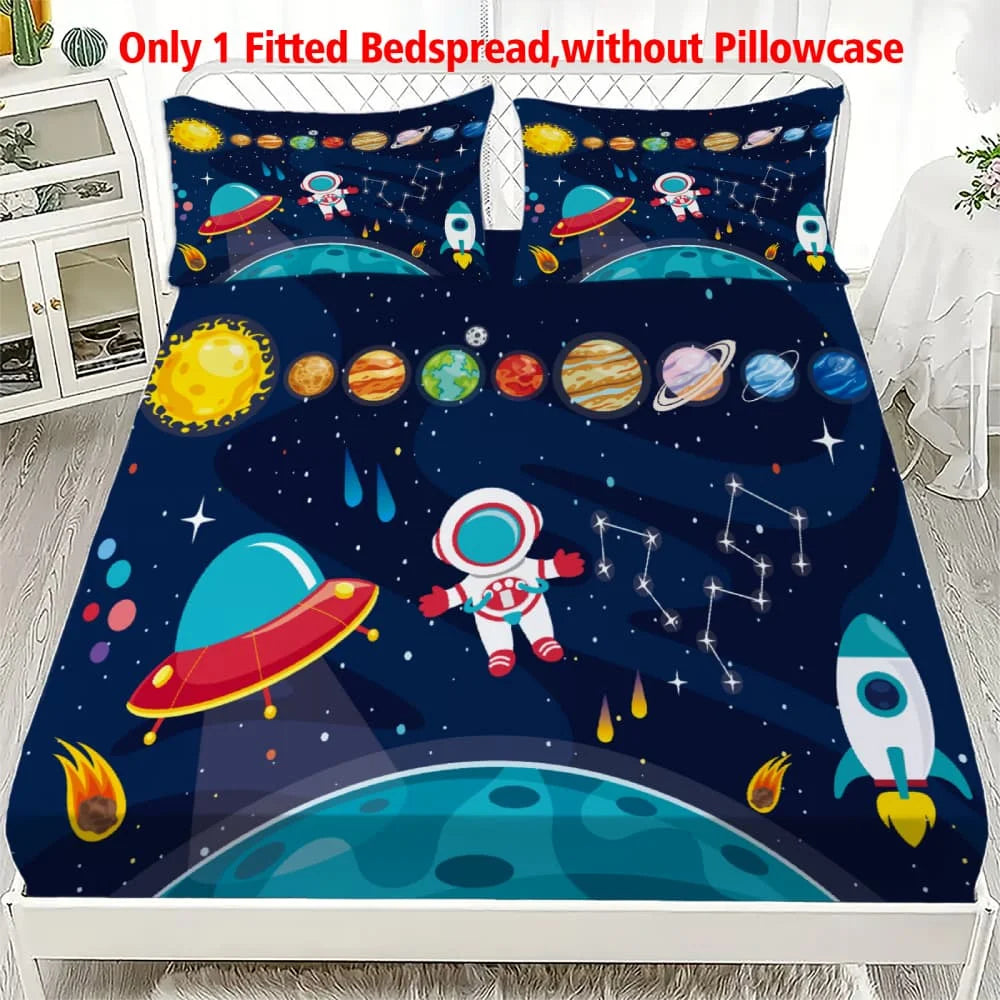 1pc Cartoon Space Astronaut Print Fitted Sheet Deep Pocket Elastic