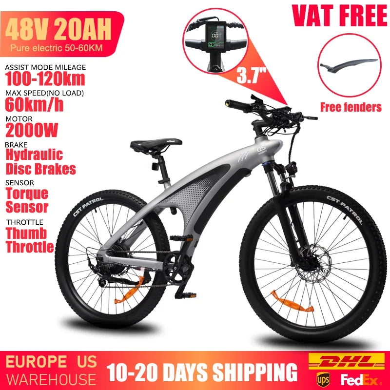 HUANCI Q5 Electric Bike for Adults 2000W Off-road Tire E Bike 48V 20Ah Battery 60KM/H Electric Bicycle for Commuting Long Range