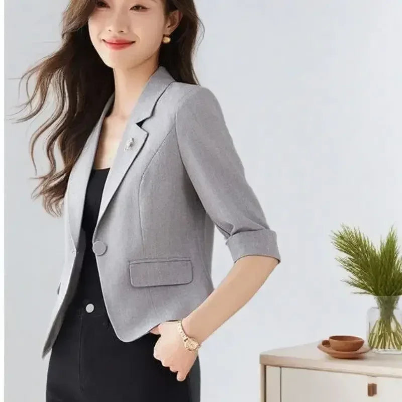 Blazer Negro para Mujer Blazer Ajustado Traje de Trabajo de Oficina para Dama Chaqueta Recortada Primavera Verano Diseño de Top Corto Abrigos Casuales Mujer Un Botón