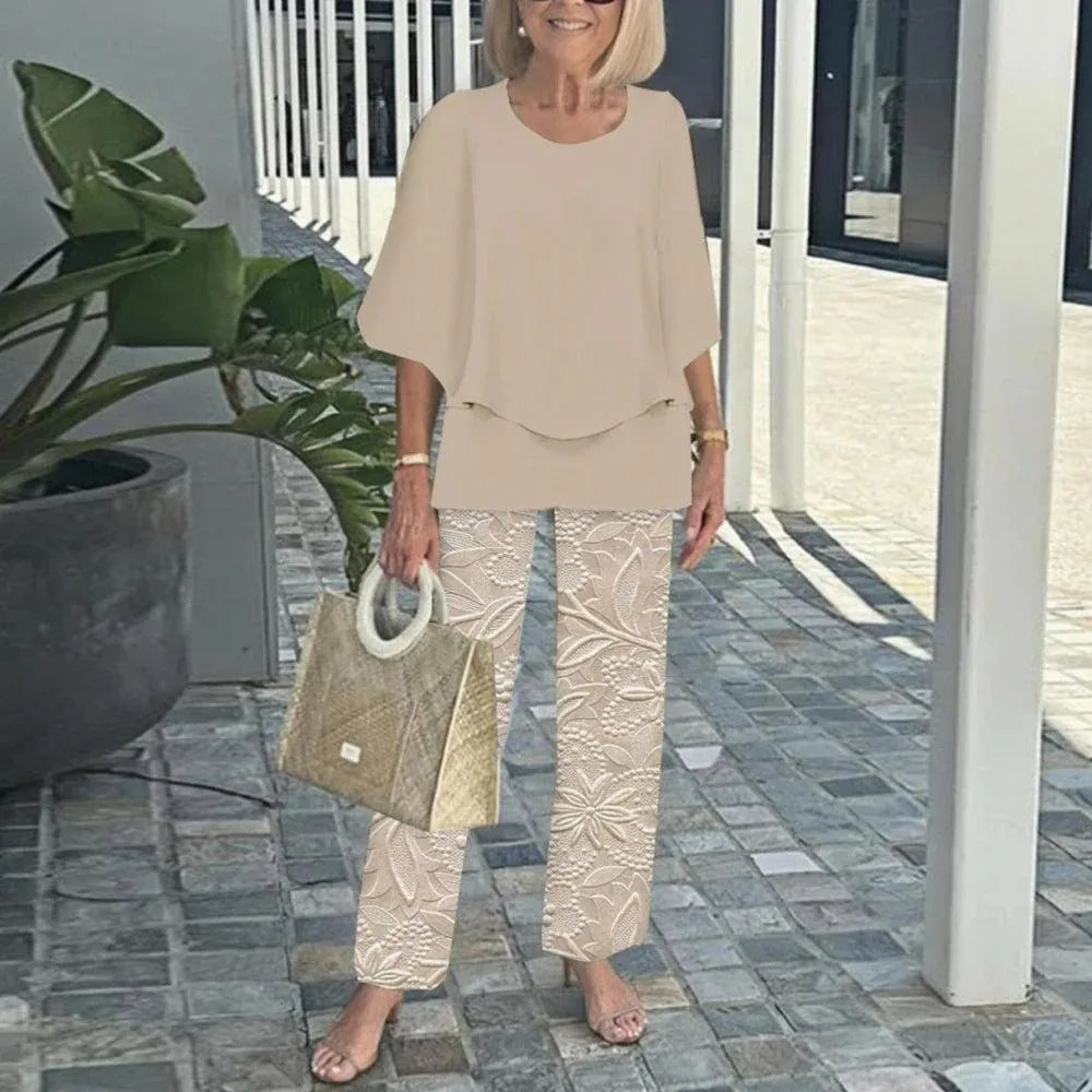 Summer Fashion New 2 piece Sets Women o-neck Sleeve print Pants Suits Casual Loose Irregular Top Wide Leg Pant two piece Set