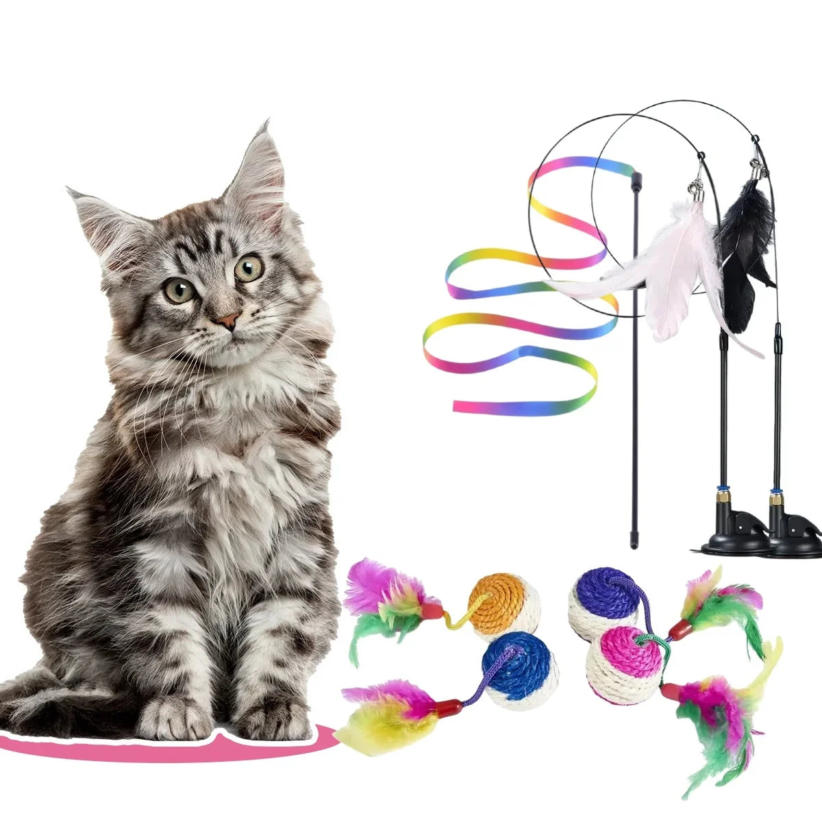 Interactive Cat Toy Handfree Cat Stick Kitten Rainbow Strips Stick Toy Suction Cup Feather Wand Pet Supplies Simulation Feather
