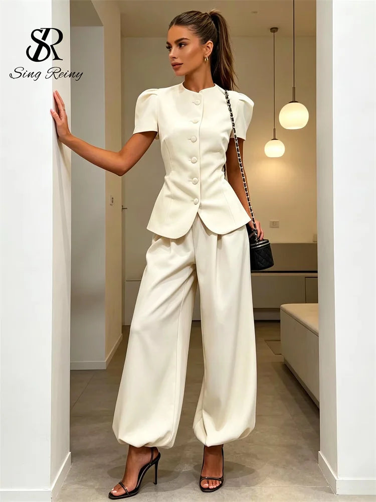 SINGREINY Women Pant Set Two Piece Sets Round Neck Short Sleeve Coats Tops+Wide Leg Long Pants Y2k Streetwear Elegant 2026 Suits