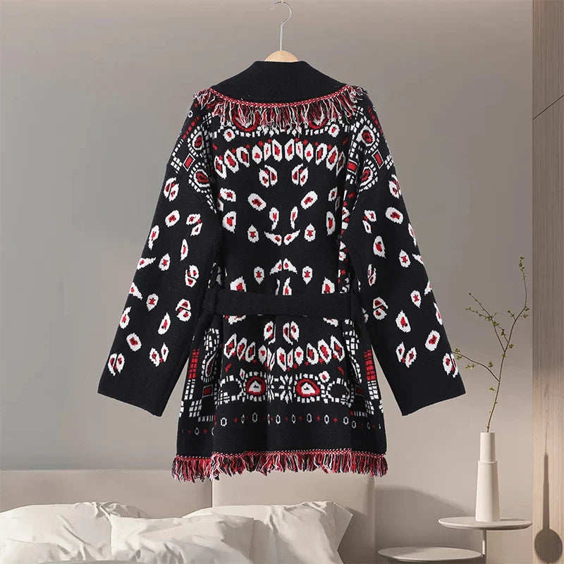 Casual Printed Cardigans Women Tassel Lace Up V-neck Full Sleeve Loose Knit Coat Female 2026 Autumn Fashion Lady Outwears