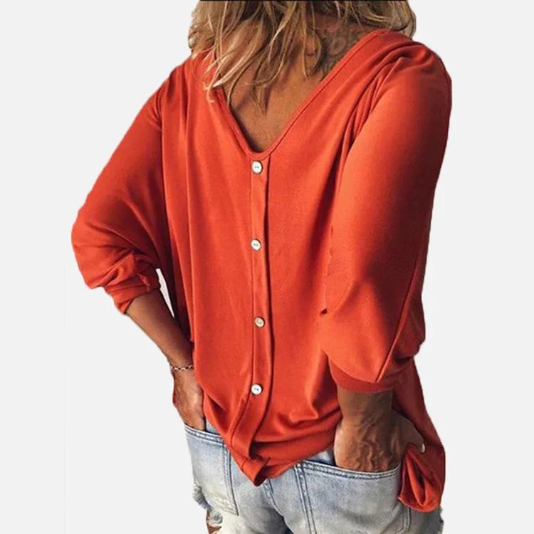 Plus Size Loose Women's Shirt V-Neck Overhead Three-Quarter Sleeve Casual Female Top Button Decoration Padded Shoulder