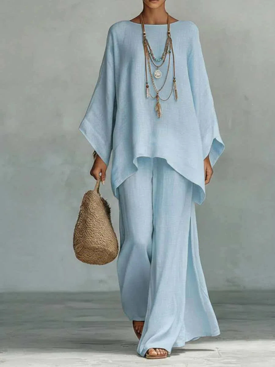 Women's Elegant Loose Round Neck Top Wide Leg Pants Set Casual Simple Long Sleeve Solid Color Two-Piece Set