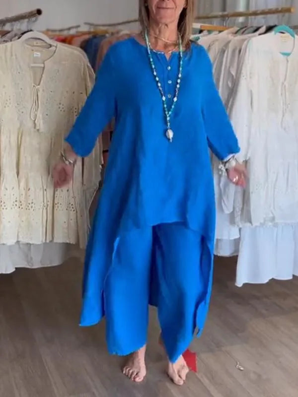 Women's 2pcs Clothing Set Fashion Summer New Suit Casual Long Shirt Blouse Top & Wide Leg Pants Solid Color 2 Piece Sets Outfits