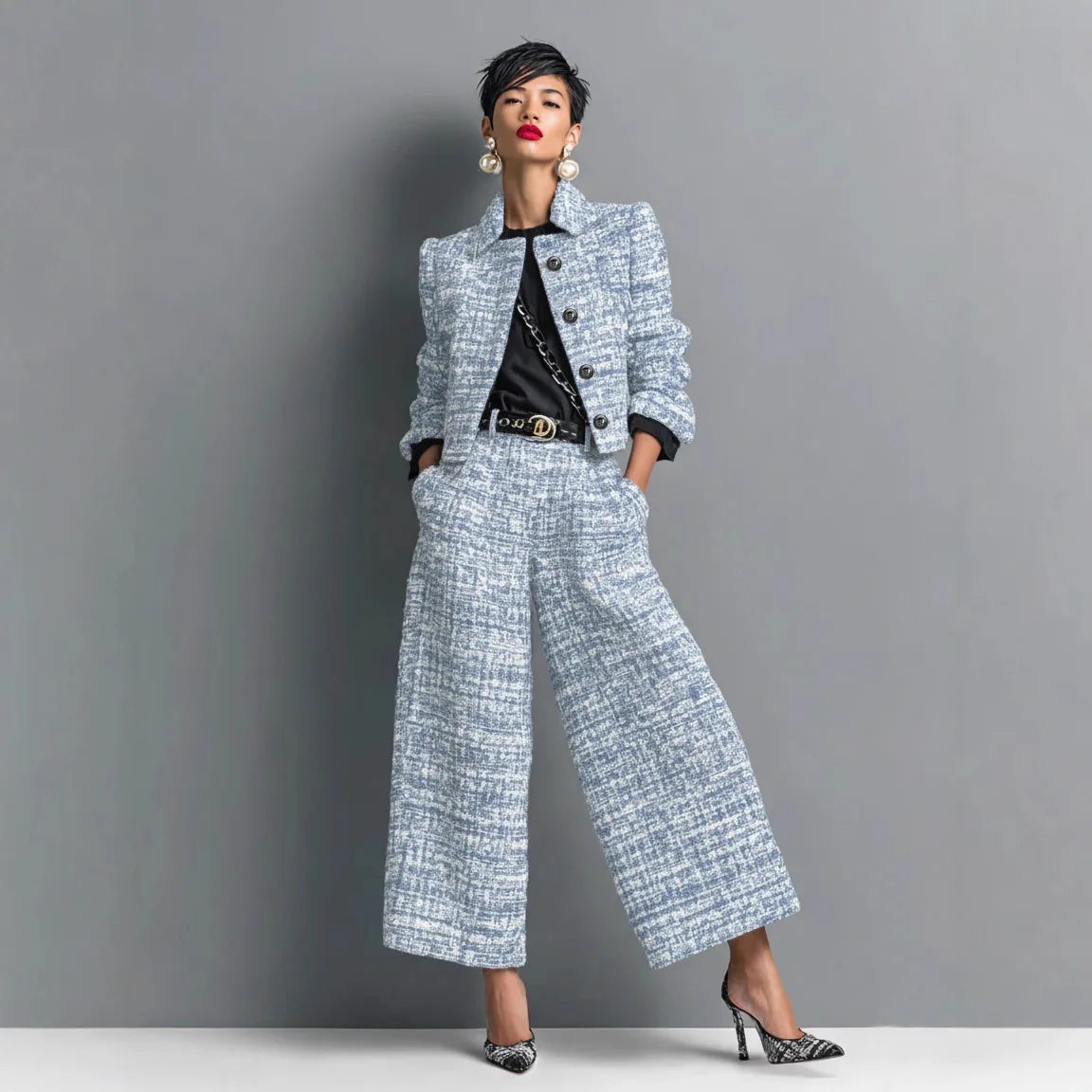 Fashionable Commuter Women's Suit Casual Solid Color Lapel Cardigan Short Jacket Paired With Loose Wide-leg Pants Two-piece Set