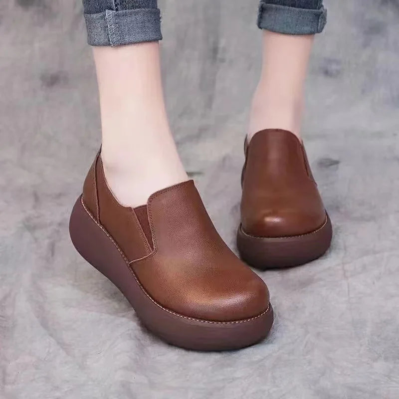 Sneakers Platform Women Shoes 2025 New Flat Wedges Fashion Round Toe Slip on Shoes for Women Leather Work Shoes Heighten Loafers