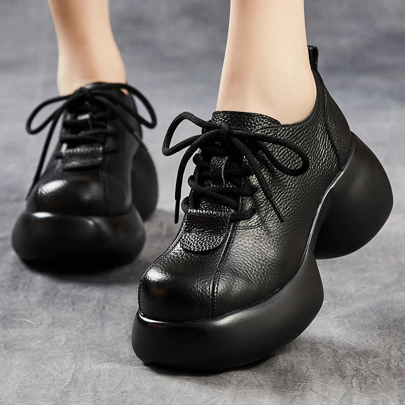 GKTINOO 2026 Spring New Genuine Leather Pumps Thick Soled Women Shoes Retro Comfortable Round Toe Wedges Platform Shoes