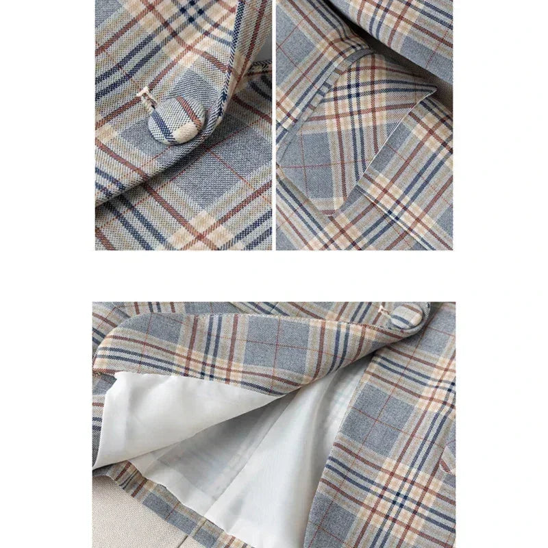 Blazer a cuadros a rayas grises, chaqueta, abrigos delgados de moda para mujer, blazers de mujer con cuello en V de un solo botón S-XXXXXL