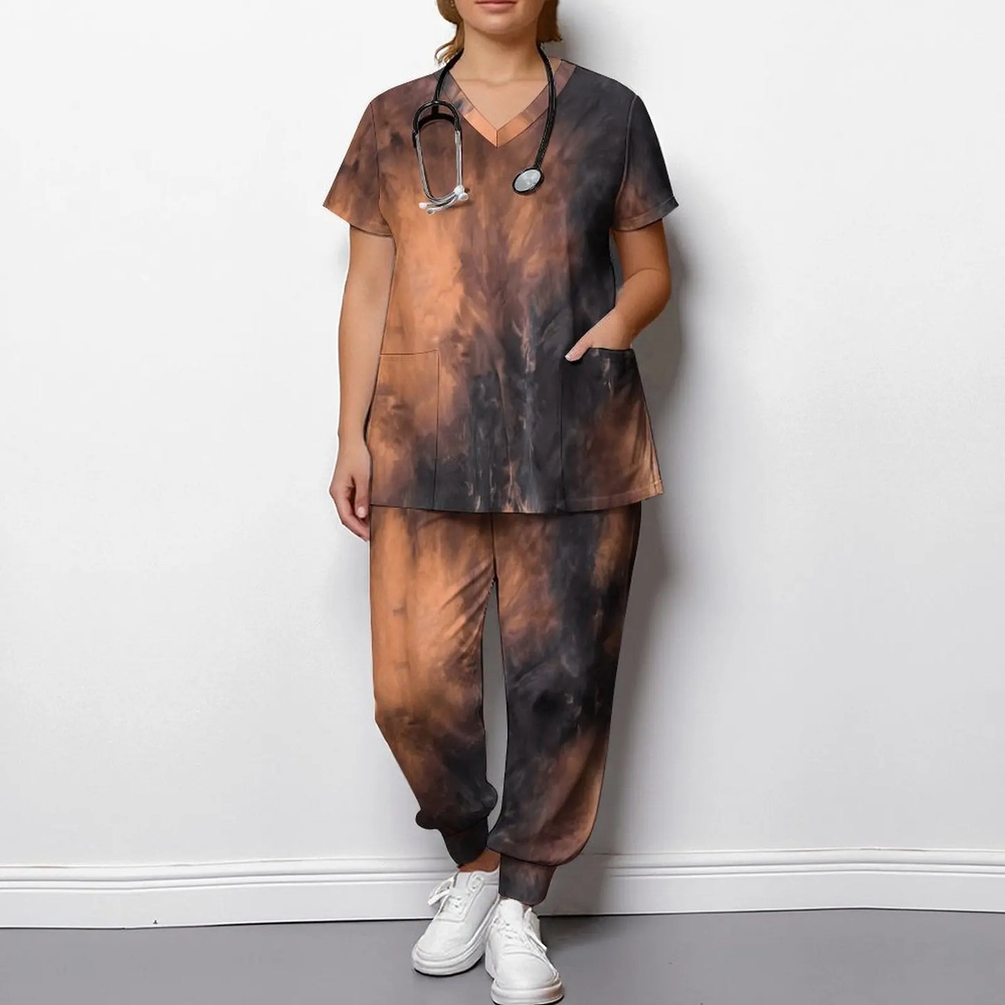 Plus Size Fashion Print Two Piece Set for Women Exercise V-Neck T-shirt Casual Commuting Jogging Pants