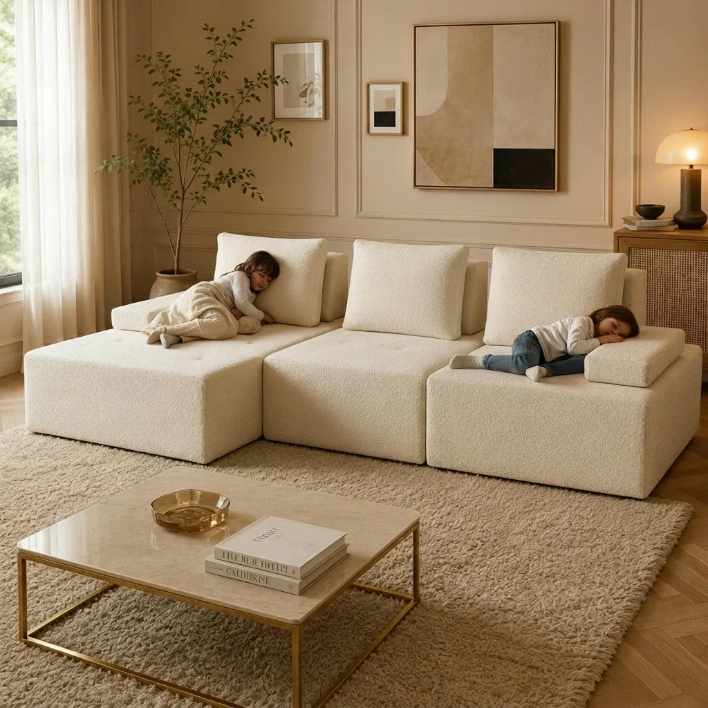 #Modern L Shape Sectional Sofa Cream White Fabric Deep Seat Cloud Modular Living Room Sofa Luxury Nordic Style Home Sofa Set