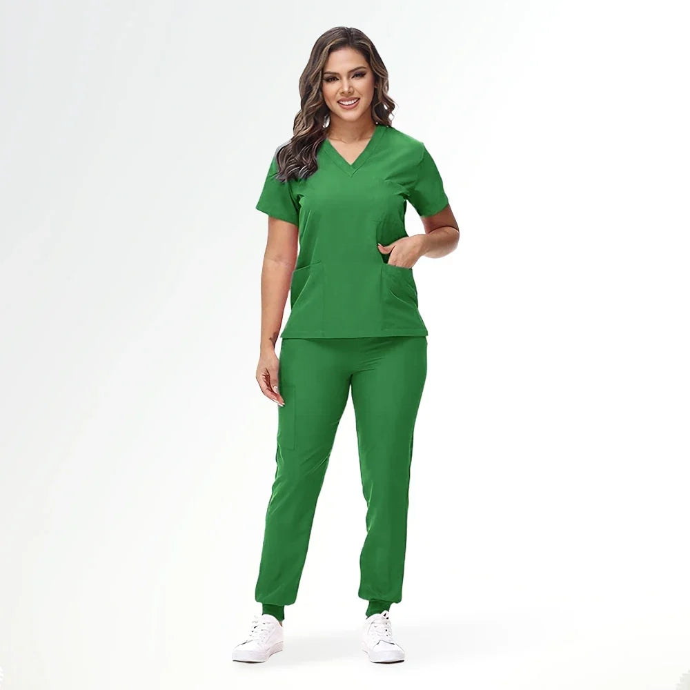 Stretchy Nurse Uniforms V-neck Top Jogger Pants Scrub Sets Surgical Workwear Dentist Nursing Suit Hospital Doctor Outfit S21