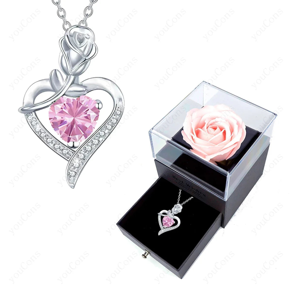 Luxury Red Zircon Heart Necklace With Rose Flower Gift Box For Girlfriend Birthday Valentine Gift  Romantic Accessories