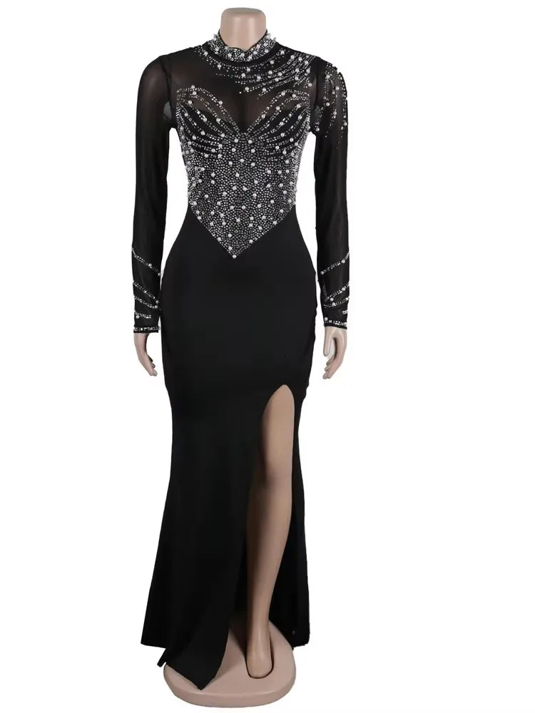 Beyprern Vestido Largo Maxi de Mujer con Abertura Alta y Adornos de Cristales, Vestido de Fiesta Glamoroso de Manga Larga con Diamantes, Atuendos de Celebridades