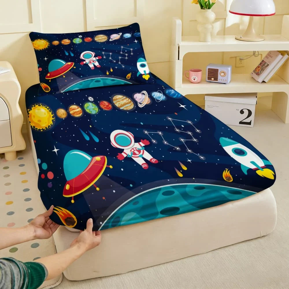 1pc Cartoon Space Astronaut Print Fitted Sheet Deep Pocket Elastic