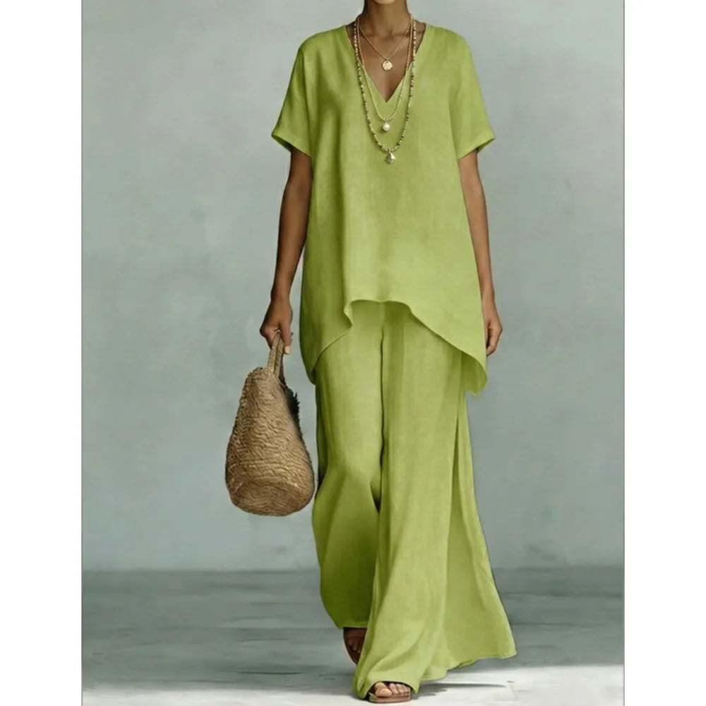 Fashion Loose Cotton Linen Short-sleeved Trousers 2 Piece Set Women Summer New Casual V-neck Retro Female Wide-leg Trousers Suit
