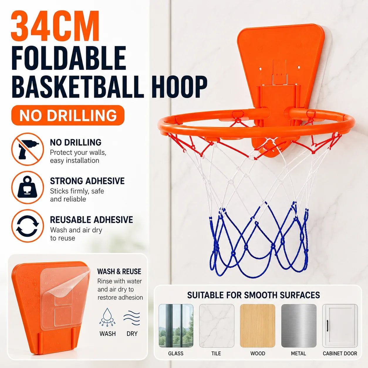 34cm Kids Basketball Hoop Foldable Wall Mounted Mini Basket Rim No Drilling Indoor Door Backboard Sports Toy for Children