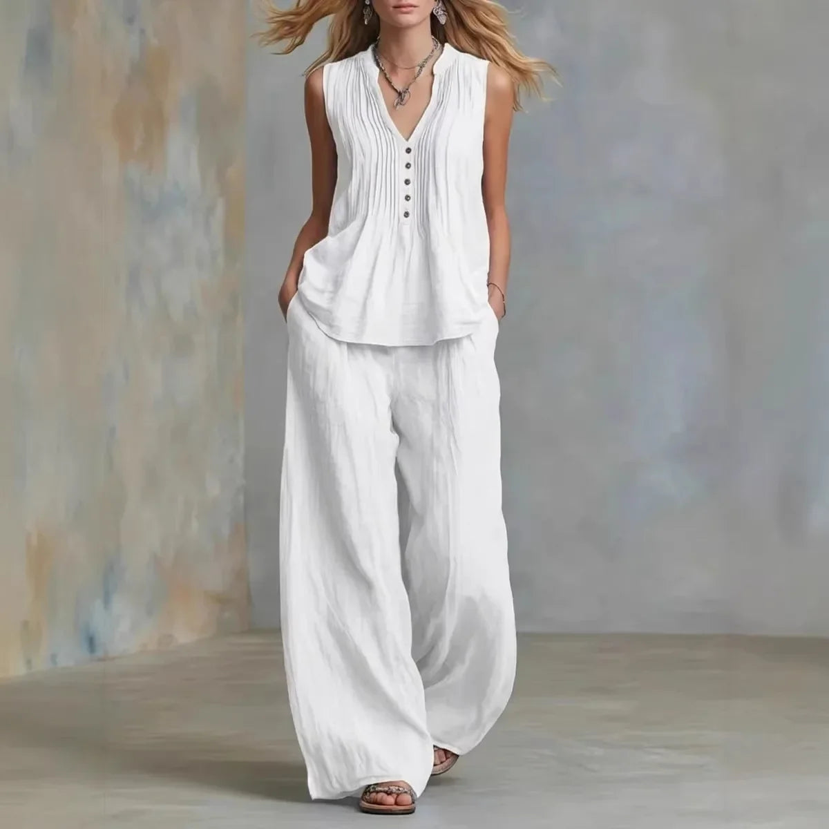 Women's Pullover Blouse And Pants Two-piece Set Women's V-Neck Vest Top Summer Suit Elastic Waist Trousers Lady Sets Outfit 2026