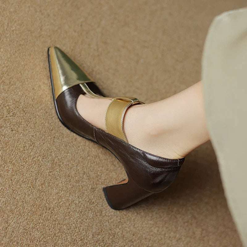2025 Spring Mary Janes Women Shoes Pointed Toe Chunky Heel Pumps Genuine Leather Shoes for Women Elegant High Heels Buckle Heels