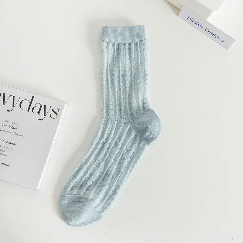 Transparent Crystal Silk Socks Women Fashion Ultra-thin Summer Harajuku Crew Socks Flower Streetwear Elastic Long Mesh Socks