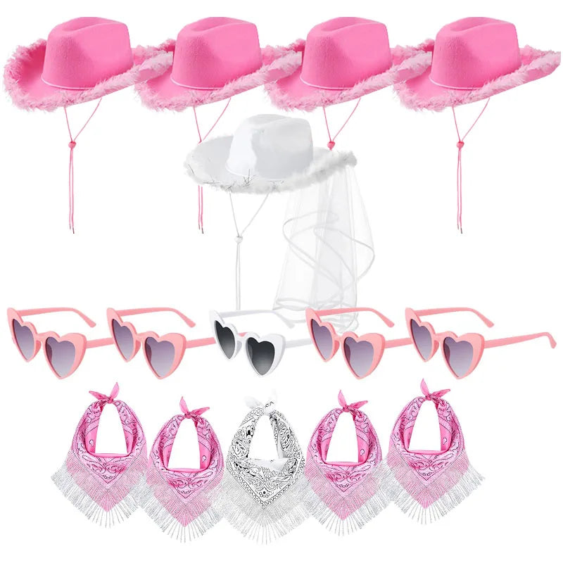 5-12Set Cowgirl Cowboy Hats Bachelorette Cowboy Hats for Bridal Shower Wedding Rhinestone Bandana Heart Glasses for Last Disco