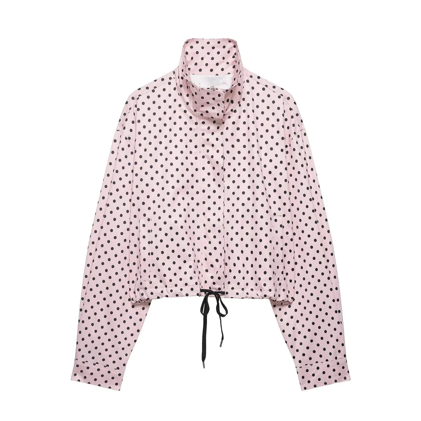 HH Fashion Women's Polka Dot Print Short Coats Autumn Long Sleeves Turtleneck Zipper With Pockets Drawstring Casual Jacket