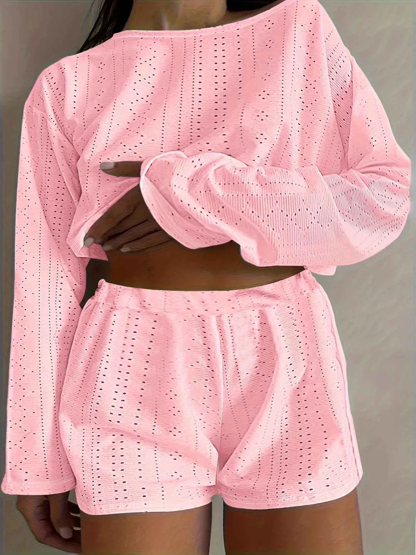 Plus Size Eyelet Long Sleeve Shorts Set