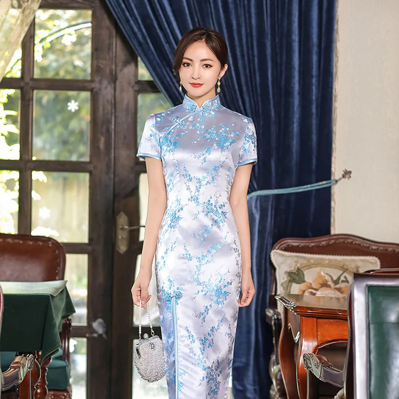 Large Size Sexy Slim Long Qipao Dress Women Retro Elegant Cheongsam Short Sleeve Brocade Dragons and Phoenixes Clothes Vestidos