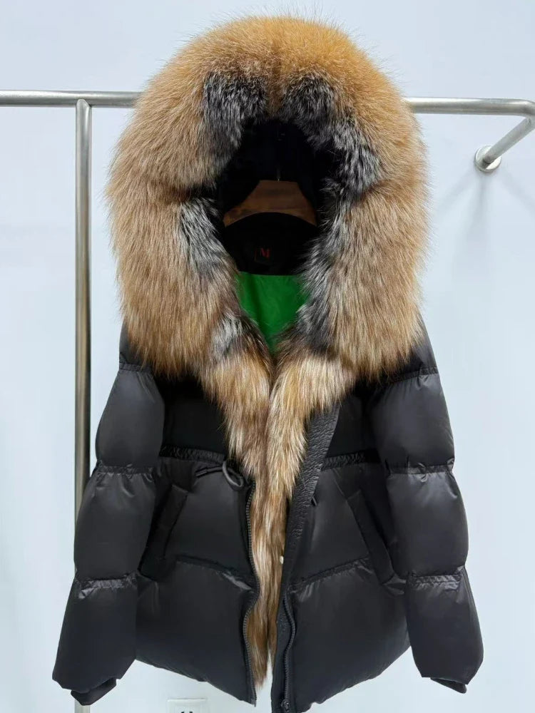 Fox Fur Jacket Women Loose Hooded White Goose Down Coat Female New Autumn Winter Thick Warm Natural Real Fur Puffer Jacket Lady