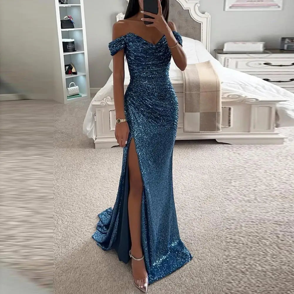 Elegante vestido de noche con cuello en V, hombros descubiertos, maxi vestido con lentejuelas, cintura plisada, ajustado, sexy, con abertura, vestidos largos