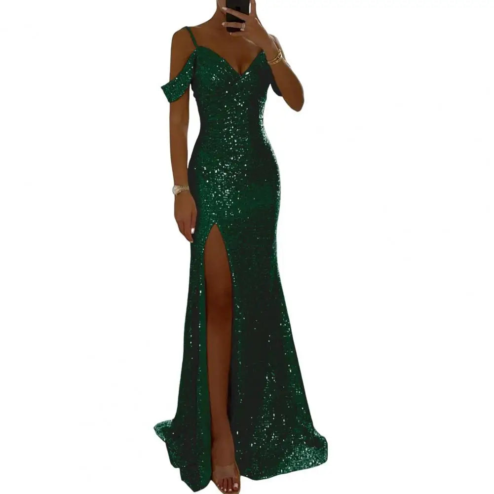 Vestido de mujer con lentejuelas, tirantes, sexy, brillante, lentejuelas, hombros descubiertos, cuello en V, abertura lateral, vestido de fiesta, vestido de fiesta de boda, vestido largo